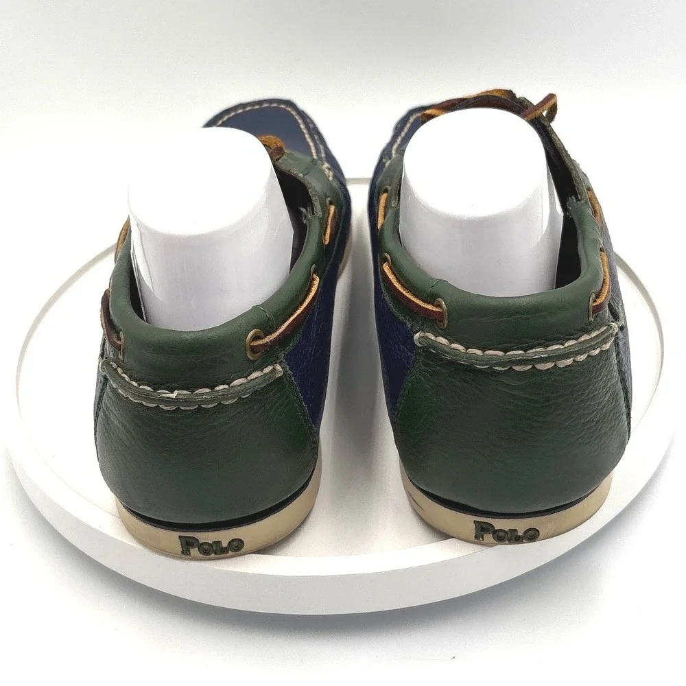 Polo Ralph Lauren Bienne II Mens 12D Boat Shoes Navy Green Leather Loafers 11503